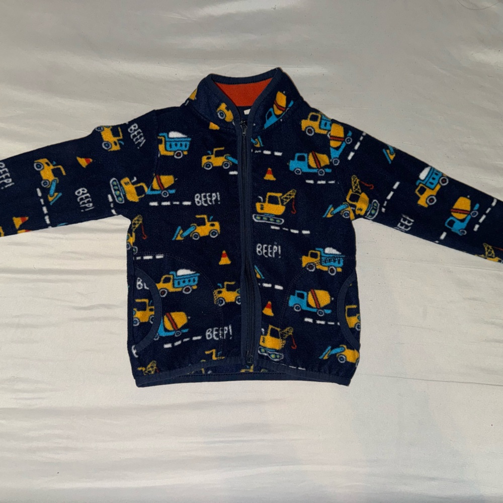 Navy Blue Kids' Fleece Jacket with Construction Print